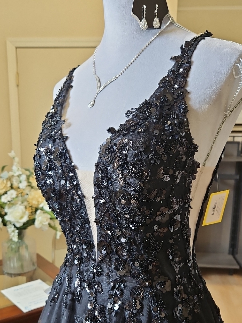 Size 6 Black Tank Strap Open Back Sparkle/Sequin Ballgown By Amarra - Picture 6 of 15